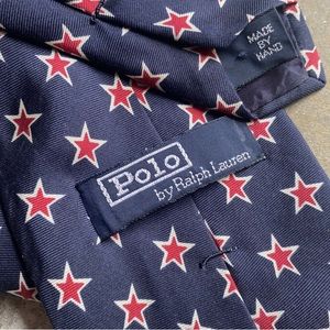 Vintage POLO Ralph Lauren Tie 100% Silk Red White & Blue Star Print Men’s Tie